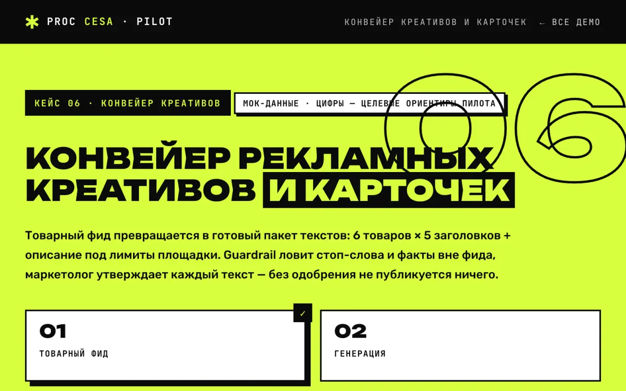 Демо «Креативы»: варианты текстов и проверка обещаний